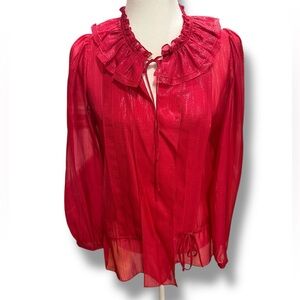 BcbgMaxAzria Silk Metallic Red Semi Sheer Festive Ruffle Blouse Top Small